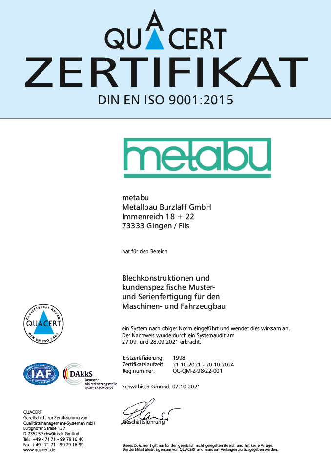 Metabu Zerfikat DIN ISO 2015 OKT 2024